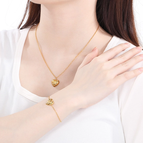 Gioielli Cuore Collana Bracciale Orecchini Acciaio Inossidabile Strass Trapuntato Elegante Moda Donna