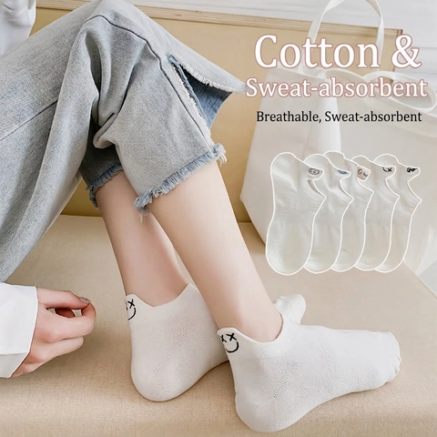 Chaussettes Invisibles Femmes Coton Respirant Basse Chaussettes Courtes Broderie Smiley Antidérapant Blanc