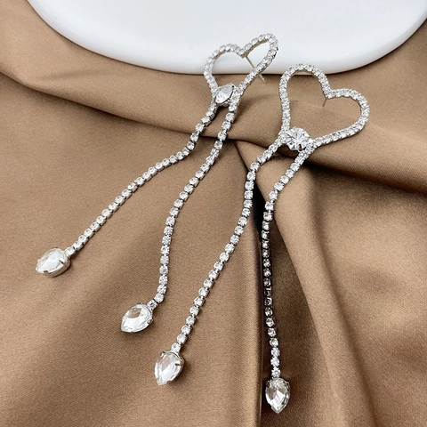 Elegant Heart Rhinestone Long Tassel Drop Earrings With 925 Sterling Silver Earring Post Copper Base High End Women Jewelry