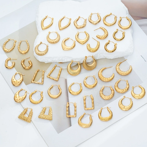 Boucles Oreilles Créoles Géométriques Acier Titane Plaqué Or 18K Texturé Nid Abeille Bambou Style Minimaliste Pour Femme