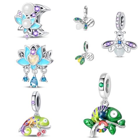 Luminous Color Changing Firefly Chameleon Lotus Moon Charms Beads Silver Plated Enamel Zircon DIY Jewelry Accessories