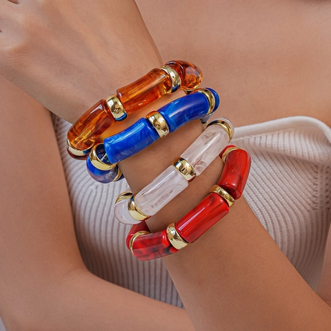 Klobiges Acryl Harz Bambus Rohr Elastisches Armband Vintage Böhmischer Modeschmuck Damen Buntes Marmormuster