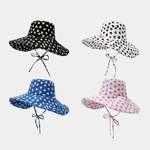 Heart Print Bucket Hat Wide Brim Sun Protection Polyester Windproof Strap Beach Vacation Women
