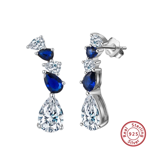 Luxury S925 Sterling Silver Pear Shaped Blue White Zirconia Drop Earrings Elegant Fashion Jewelry For Women Gift Accessory