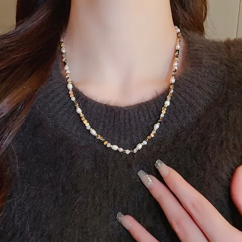 Vintage Beaded Necklace Freshwater Pearl Agate Stone Copper Beads Retro Clavicle Chain Jewelry For Women