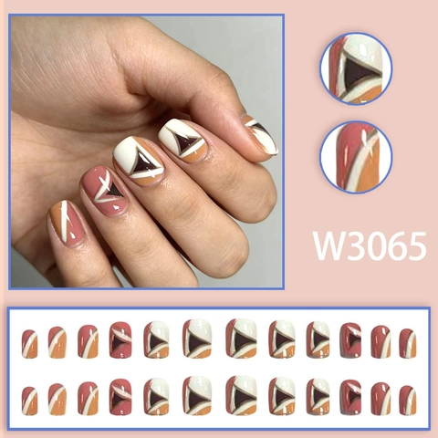Geometric Color Block Press On Nails Glossy Square Round Fake Nails Modern Contrast Retro Style DIY Manicure Women