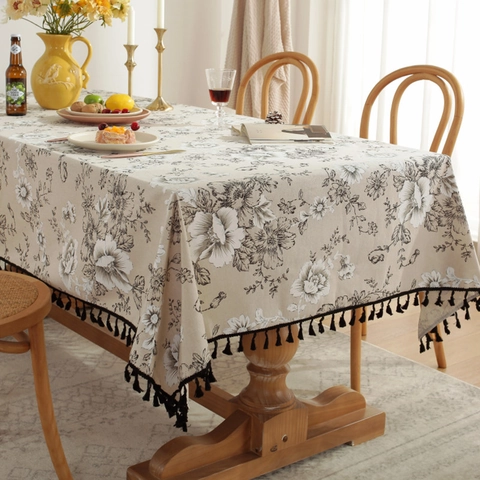 Vintage Pioenroos Bloemen Katoen Linnen Tafelkleed Met Zwarte Kwastjes Amerikaanse Pastorale Rechthoekige Eettafel Picknick Decoratieve Doek