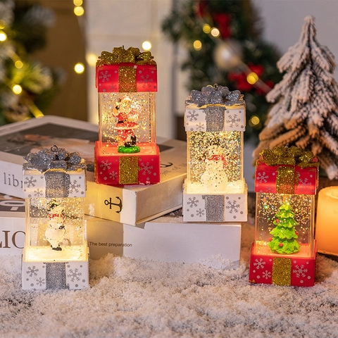 Christmas Gift Box Snow Globe LED Lighted Water Lantern Santa Claus Snowman Sparkle Glitter Festive Ornament Home Decor