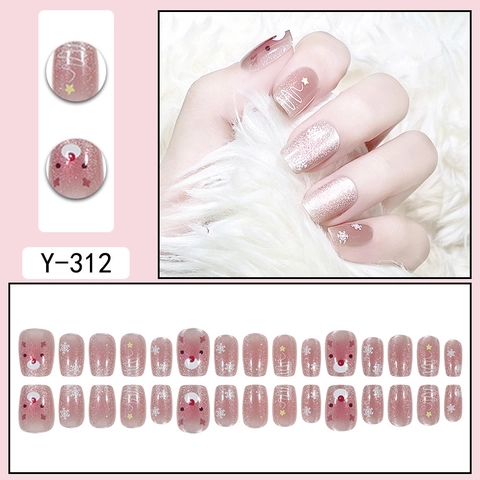Unghie Finte A Pressione Rosa Glitter Con Renne Di Natale E Fiocchi Di Neve Manicure Artificiale Quadrata