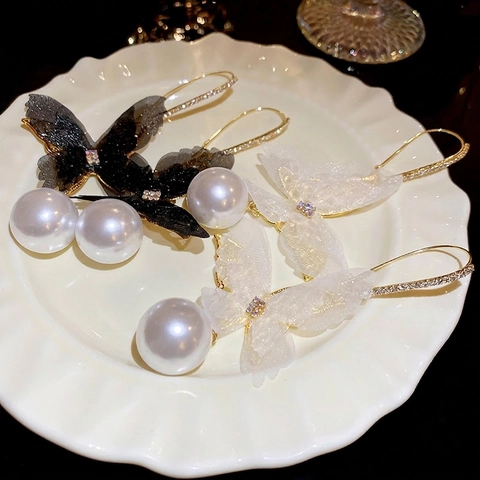 Schmetterling Künstliche Perlen Ohrhänger Mesh Tüll Legierung Straß Lang Mit Silber Ohrstecker Elegant Damen Schmuck