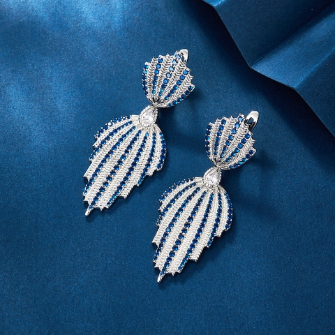 Orecchini Pendenti Eleganti A Foglia Piuma Argento Sterling 925 Zircone Blu Frange Gioielli Di Lusso Per Donne Accessorio