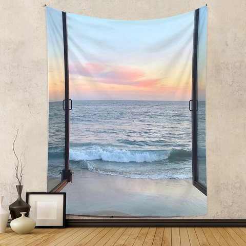Scenic Wall Tapestry Polyester 3D Fake Window Landscape Hanging Cloth For Living Room Bedroom Ins Style Home Decor