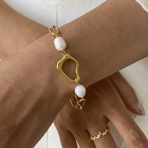 Collier Bracelet En Acier Inoxydable Künstliche Perle Baroque Plaqué Or 18K Pendentif Irrégulier Imperméable Hypoallergénique Bijoux Mode Femme