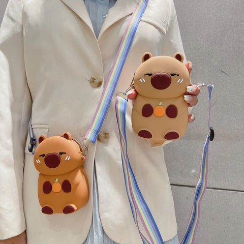 Capybara Shape Silicone Mini Crossbody Bag Cute Animal Coin Purse With Adjustable Rainbow Strap For Girls Kids