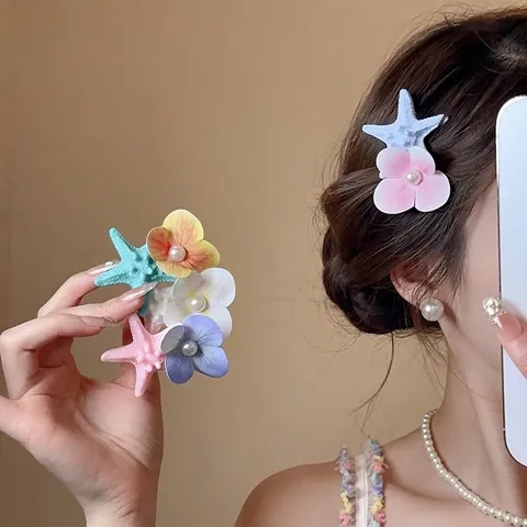 Molletta Capelli Fiore Stella Marina Acrilico Tessuto Orchidea Perla Artificial Fermaglio Becco D'Anatra Accessorio Mare Donna