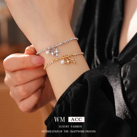 Pulsera Tennis Con Colgante Cruz Circonita Perla Artificial Imitación Estrella Amuleto Cobre Ajustable Joyas Lujo Mujeres