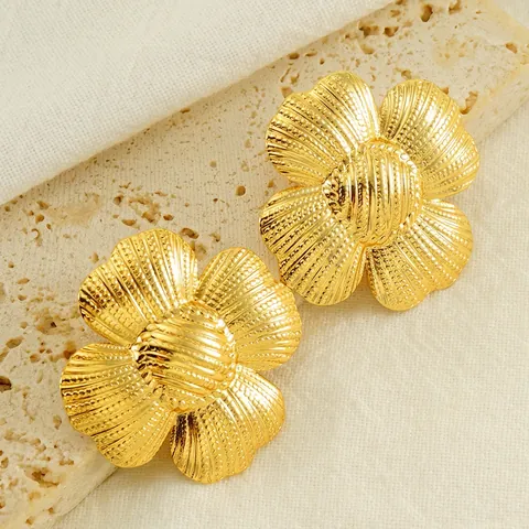 Flower Stud Earrings Stainless Steel 18K Gold Plated Vintage French Style Floral Textured Jewelry For Women