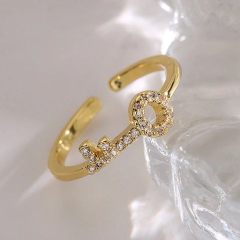 Kupfer Vergoldeter Offener Ring Zirkonia Geometrischer Verstellbarer Zierlicher Schlüssel Welle Schmuck Damen