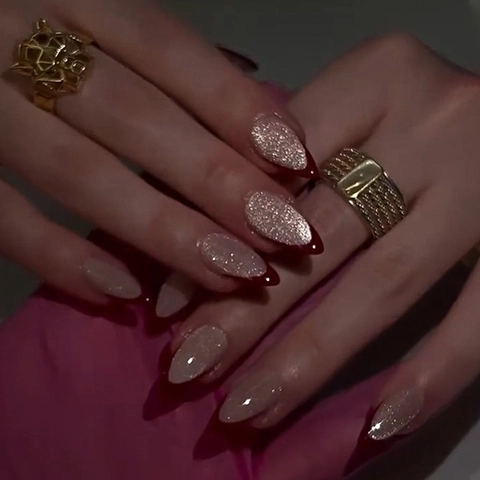 Uñas Postizas Almendradas Francesas Rojo Vino Uñas Largas Brillantes Con Purpurina Plateada Para Mujer
