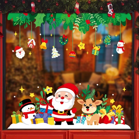 Christmas Window Stickers Static Cling PVC Decals Santa Reindeer Snowman Double Sided Color For Glass Holiday Decor