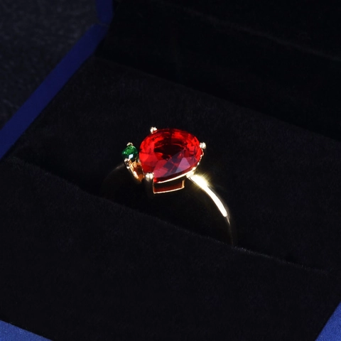 Adjustable Water Drop Red Ruby Ring Copper 18K Gold Plated Simulated Green Gemstone Fruit Style Jewelry For Women