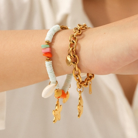 Bracciale Con Ciondolo Stella Marina E Conchiglia Stile Oceano Per Donna Acciaio Inossidabile Placcato Oro 18K Gioielli Estate