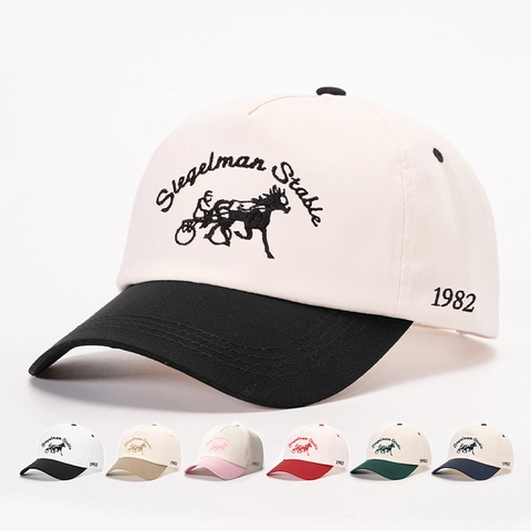 Vintage Baseball Cap Horse Carriage Embroidery Splicing Color Adjustable Sun Protection Retro Sports Hat Unisex Breathable