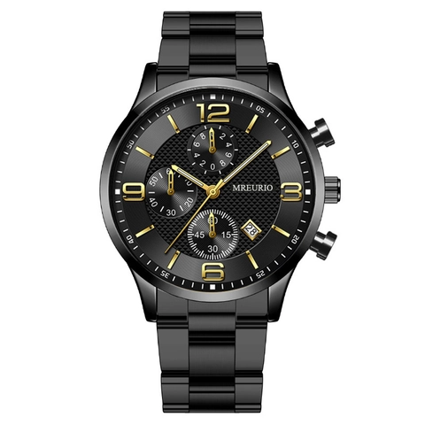MREURIO Men's Quartz Watch With Calendar Three-Eye Chronograph Stainless Steel Band Alloy Case Business Fashion Wristwatch