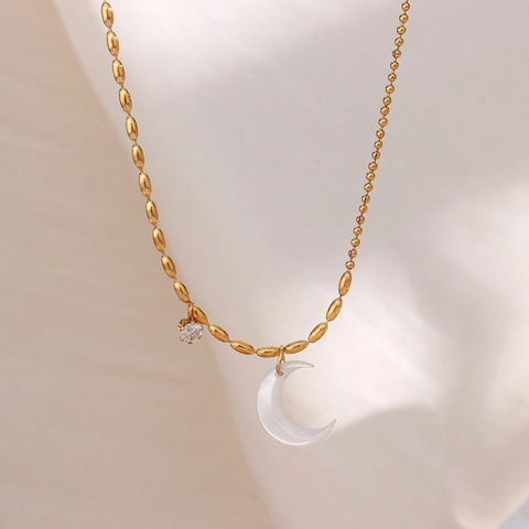 Roestvrijstalen Halve Maan Hanger Halsketting Voor Dames Verguld Schelp Maan Strass Ingelegd Kralenketting Sieraden