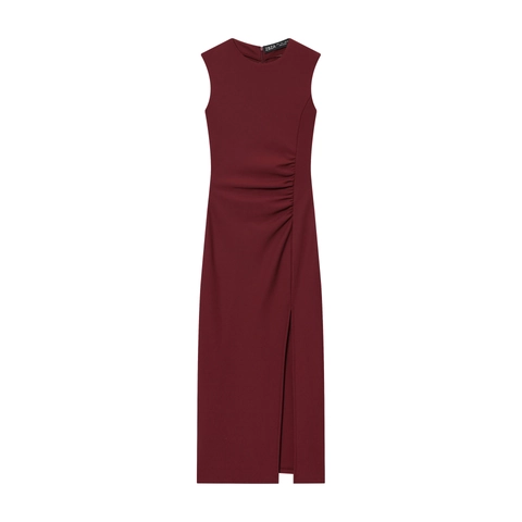 Elegantes Weinrotes Ärmelloses Maxikleid Für Damen Plissee Bodycon Rundhals Seitenschlitz Rückseitiger Reißverschluss