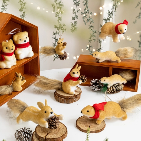 Artificial Christmas Squirrel Bear Ornaments Flocking Foam Plastic With Natural Pinecones Winter Holiday Desktop Tree Hanging Decor