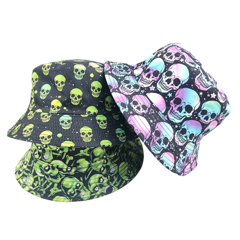 Halloween Skull Print Bucket Hat Double Sided Wearable Polyester Cotton Blend Sun Protection Fisherman Hat For Outdoor Party
