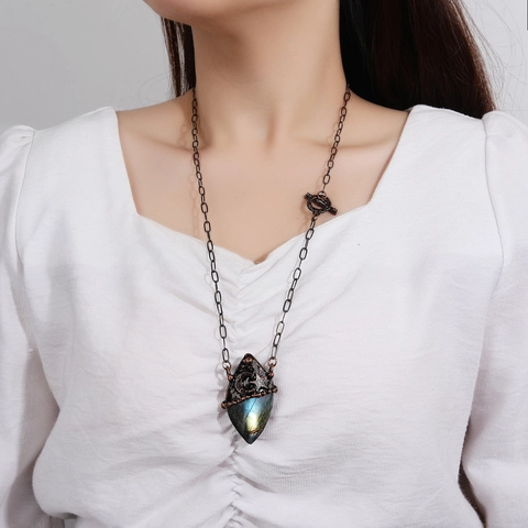Collar Con Colgante De Gota De Labradorita Natural Vintage Bronce Antiguo Cobre Luna Estrella Joyería Para Mujer