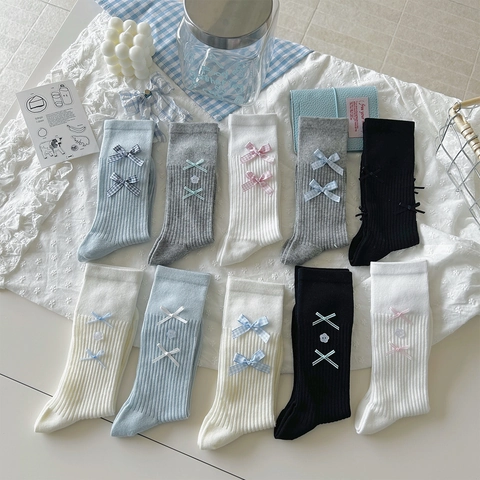 Ribbed Cotton Crew Socks With Bow Ribbon Sweet Ballet Style Breathable Calf High Fashion Hosiery For Women