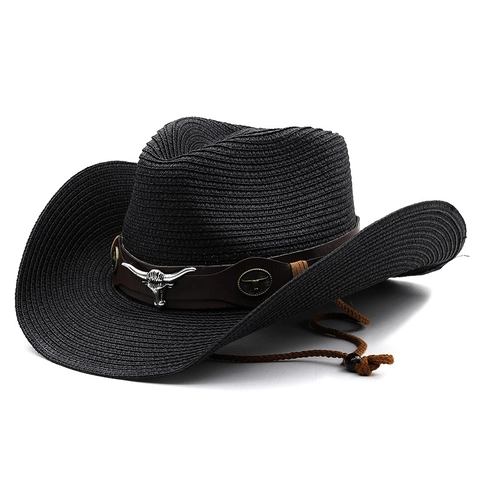 Western Cowboy Straw Hat Women Wide Brim Sun Protection Paper Straw Retro Bull Head Decoration Adjustable Wind Rope
