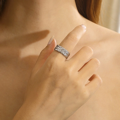 Anillo Abierto Trenzado Tejido Acero Inoxidable Chapado En Oro 18K Banda Ajustable Hueco Joyería Para Hombre Mujer