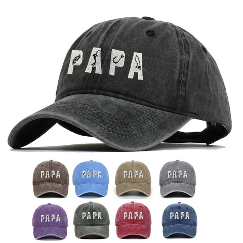 PAPA Ricamato Berretto da Baseball in Cotone Lavato per Uomo Pesca Cappello da Sole Retro Distressed Regolabile Dad Hat Regalo
