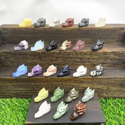 Natural Crystal Stone Dragon Head Carving Hand Carved Semi Precious Gemstone Desk Ornament Home Decor Statues Gifts