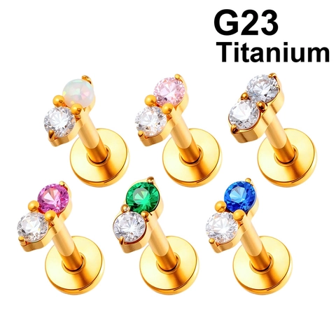 G23 Titanium Labret Stud Interne Draadloze Push In Dubbele Steen Zirkonia Opaal Platte Achterkant Tragus Kraakbeen Sieraden