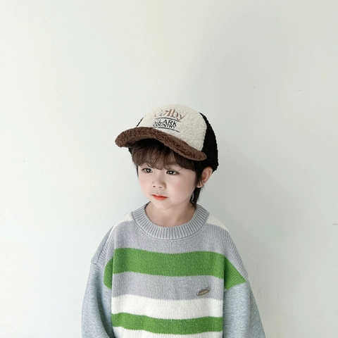 Kinder Baseball Kappe Lammwolle Fleece Winter Warm Outdoor Vintage Color Block Buchstaben Stickerei Jungen Mädchen