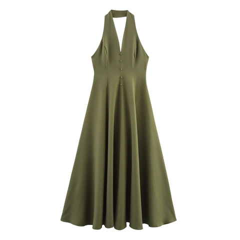 Halter Maxi Jurk Rugloos Hoge Taille Mouwloos V Hals Knopen A-Lijn Geplooid Elegant Polyester Zomer Forens Vrouwen