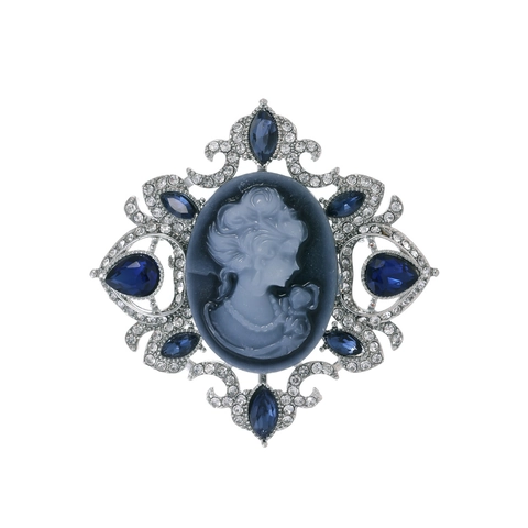 Vintage Zinklegierung Kamee Damenporträt Brosche Mit Blauen Strass Kristallen Galvanisiert Silberton Schmuck Für Damen