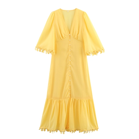 Gele Chiffon Maxi Jurk V-Hals Kant Flare Mouwen Hoge Taille Elegante Lange Jurk Kunstparelknoop