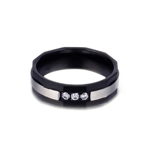 Anello Da Uomo In Acciaio Inossidabile Bicolore Sfaccettato Fascia Geometrica Con Tre Pietre Di Zirconia Gioielli