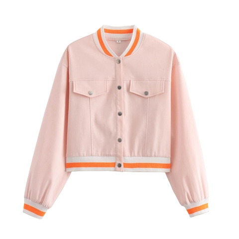 Dames Roze Kort Varsity Jack Polyester Lange Mouwen Gestreepte Ribboord Knoopsluiting Casual Mode Bovenkleding