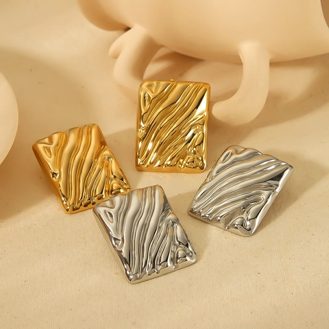 Wave Texture Square Stud Earrings Stainless Steel Metallic Wrinkled Geometric Fashion Jewelry For Women