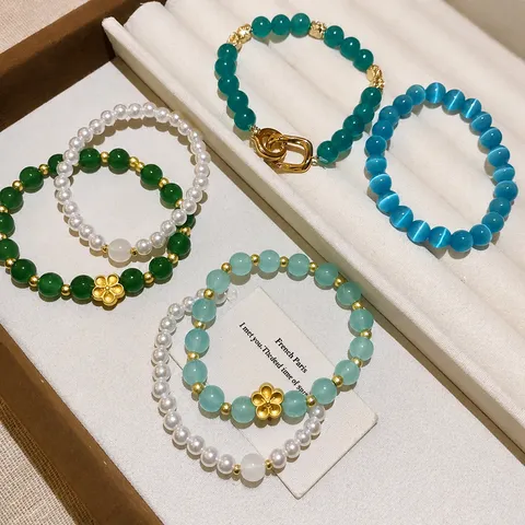 Pulsera de Cuentas de Piedra Natural de Estilo Neo-Chino para Mujer Lujo Cobre Galvanizado Colgante de Flor Geométrico Perla Artificial Joyería