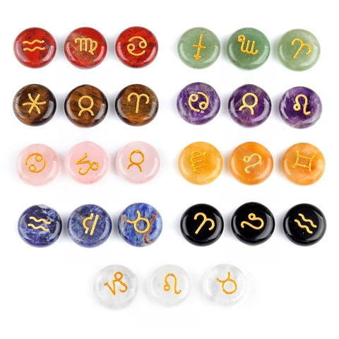 Signes Du Zodiaque Pierres De Cristallines Naturelles Ensemble Poli Guérison Reiki Méditation Symboles Or Décor Cadeau