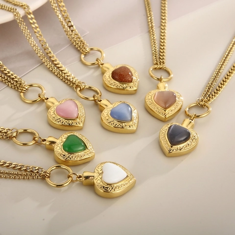 Ensemble De Bijoux Collier Et Bracelet En Acier Inoxydable Pendentif Coeur Pierre Oeil De Chat Totem Gravé Pour Femme