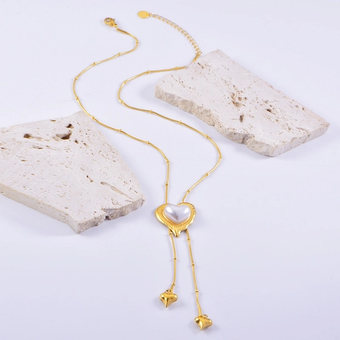 Stainless Steel Long Y-Shape Tassel Necklace Camellia Flower Heart Artificial Pearl Pendant Elegant Snake Bone Chain For Women